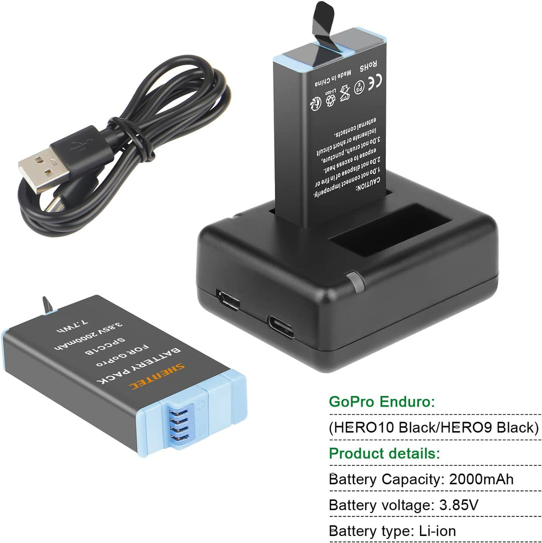 Shentec 3.85V, 2000mAh Li-ion für GoPro Enduro Akku (HERO10 Black/HERO9 Black) – Offizielles GoPro Z