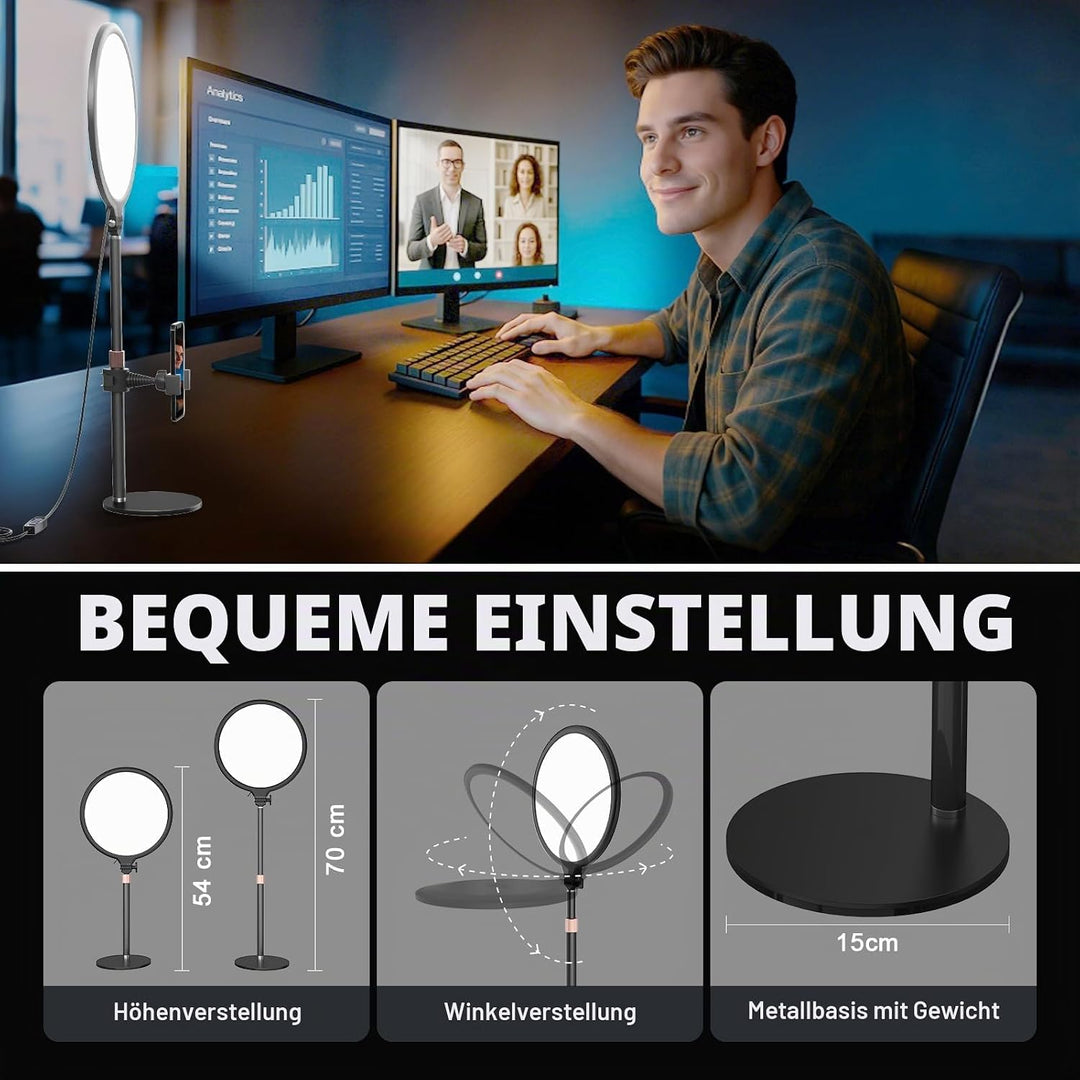 Upgrade Ringlicht mit Stativ Handy Laptop Videokonferenz Licht, 10.3” Tisch Handy Ringleuchte 3 Lich