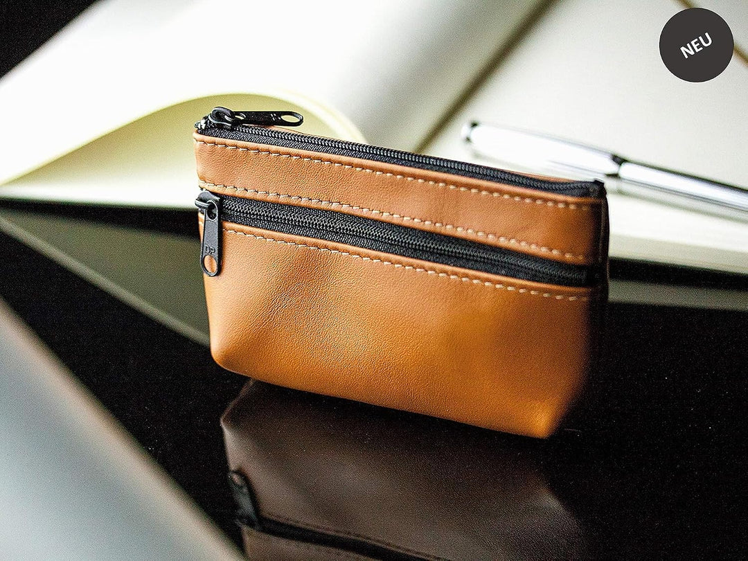 DELMON VARONE - Personalisierbares Schlüsseletui Leder Boxcalf braun, Schlüsseltasche mit Reissversc