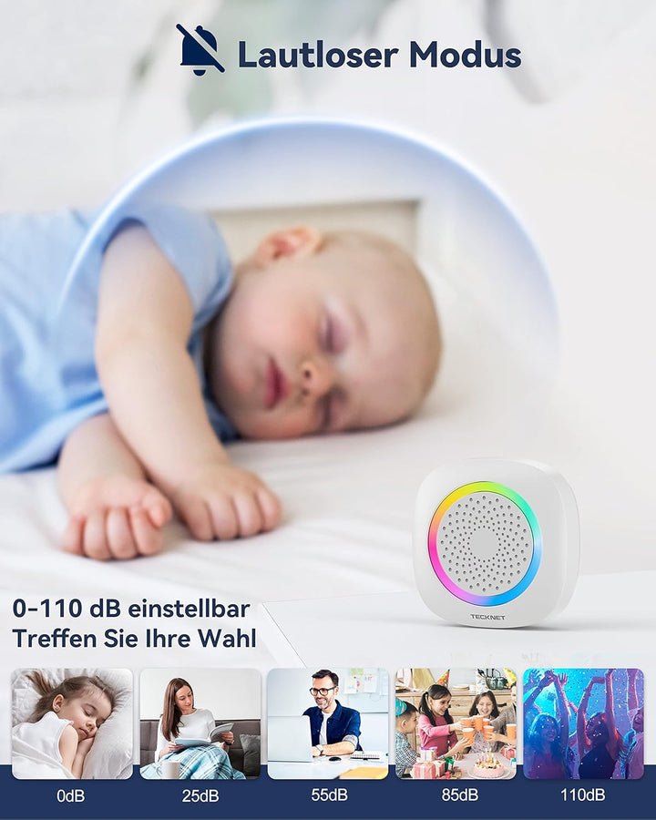 TECKNET Funkklingel, Kabellose Türklingel Batteriebetrieben mit RGB Licht, 60 Melodien, IP66 Wasserd
