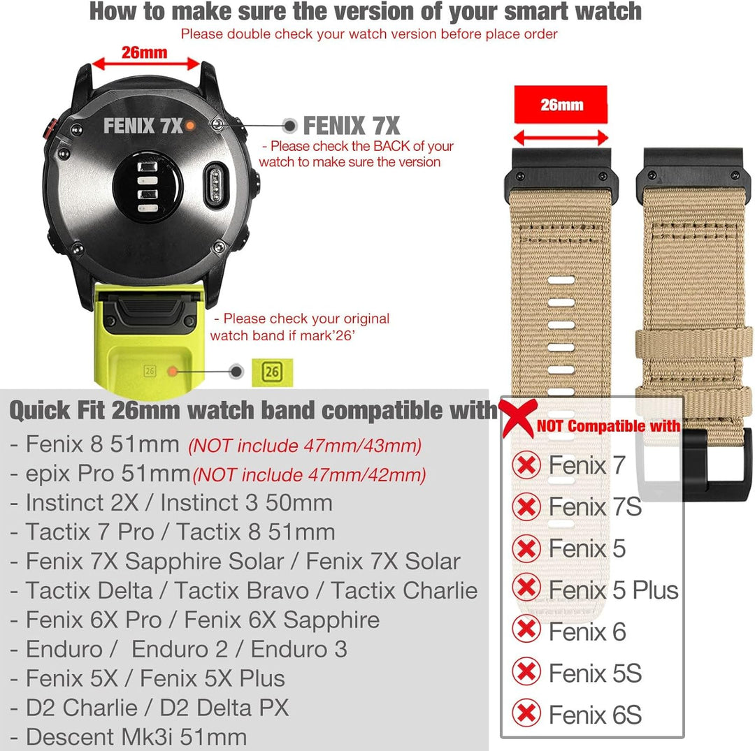 YOOSIDE Verbessert QuickFit 26mm Nylon Armband für Garmin Fenix 7X / Fenix 6X / Fenix 5X / Enduro, S