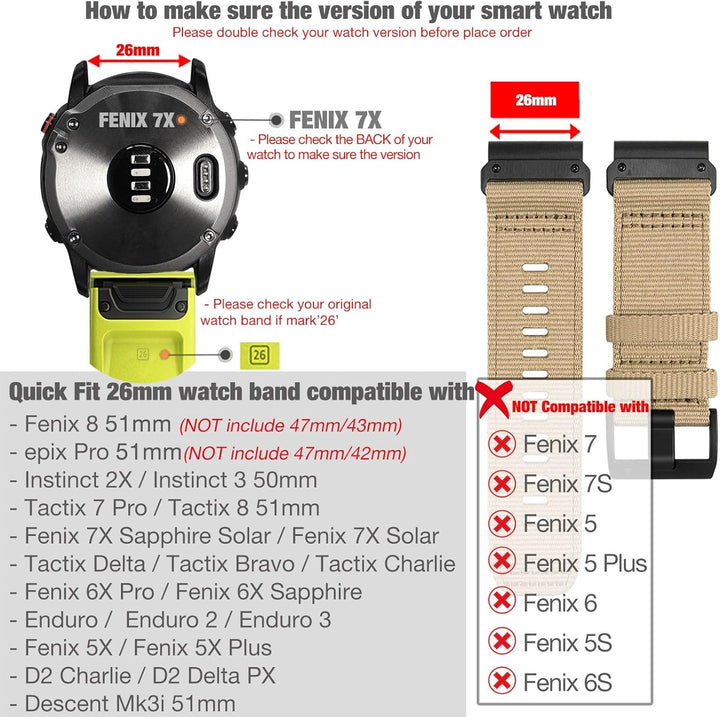 YOOSIDE Verbessert QuickFit 26mm Nylon Armband für Garmin Fenix 7X / Fenix 6X / Fenix 5X / Enduro, S