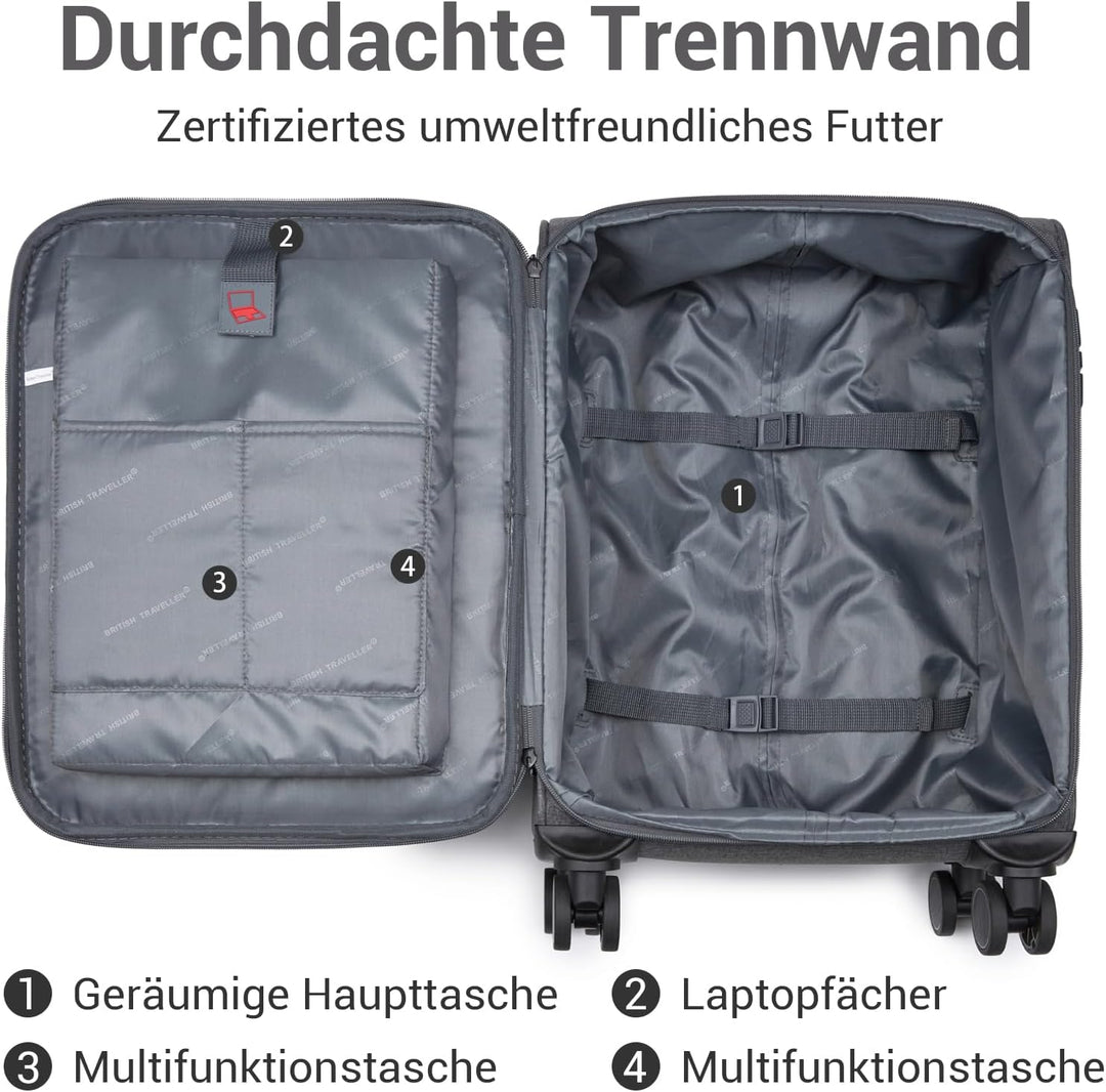 British Traveller Handgepäck Koffer Stoff, 41 Liter-Leichter Weichgepäckkoffer mit separatem Laptop-