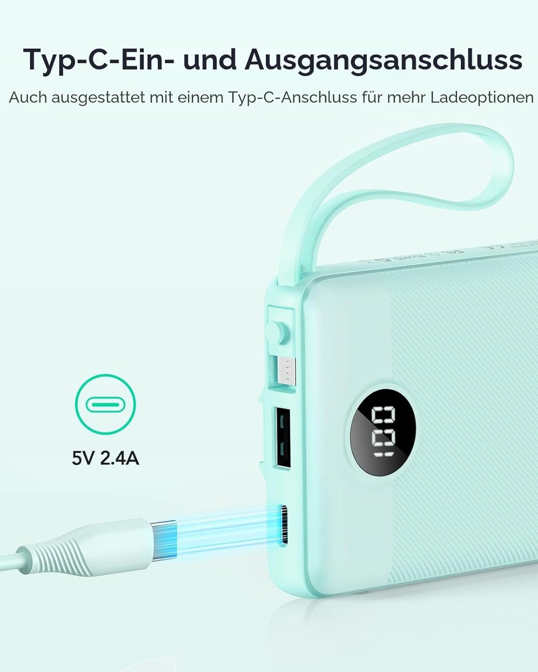 VRURC Powerbank mit Kabel 10000mAh Power Bank Tragbares Ladegerät USB C Externer Handy Akkus LED Dis