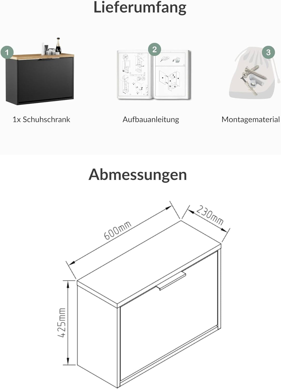 Planetmöbel Schuhschrank schmal mit 1 Klappe platzsparender Schuhregal mit 2 Ablagen, Schuhkommode f