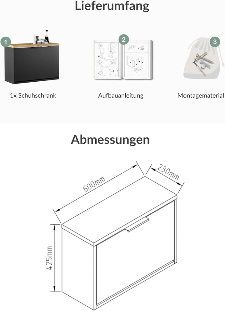 Planetmöbel Schuhschrank schmal mit 1 Klappe platzsparender Schuhregal mit 2 Ablagen, Schuhkommode f