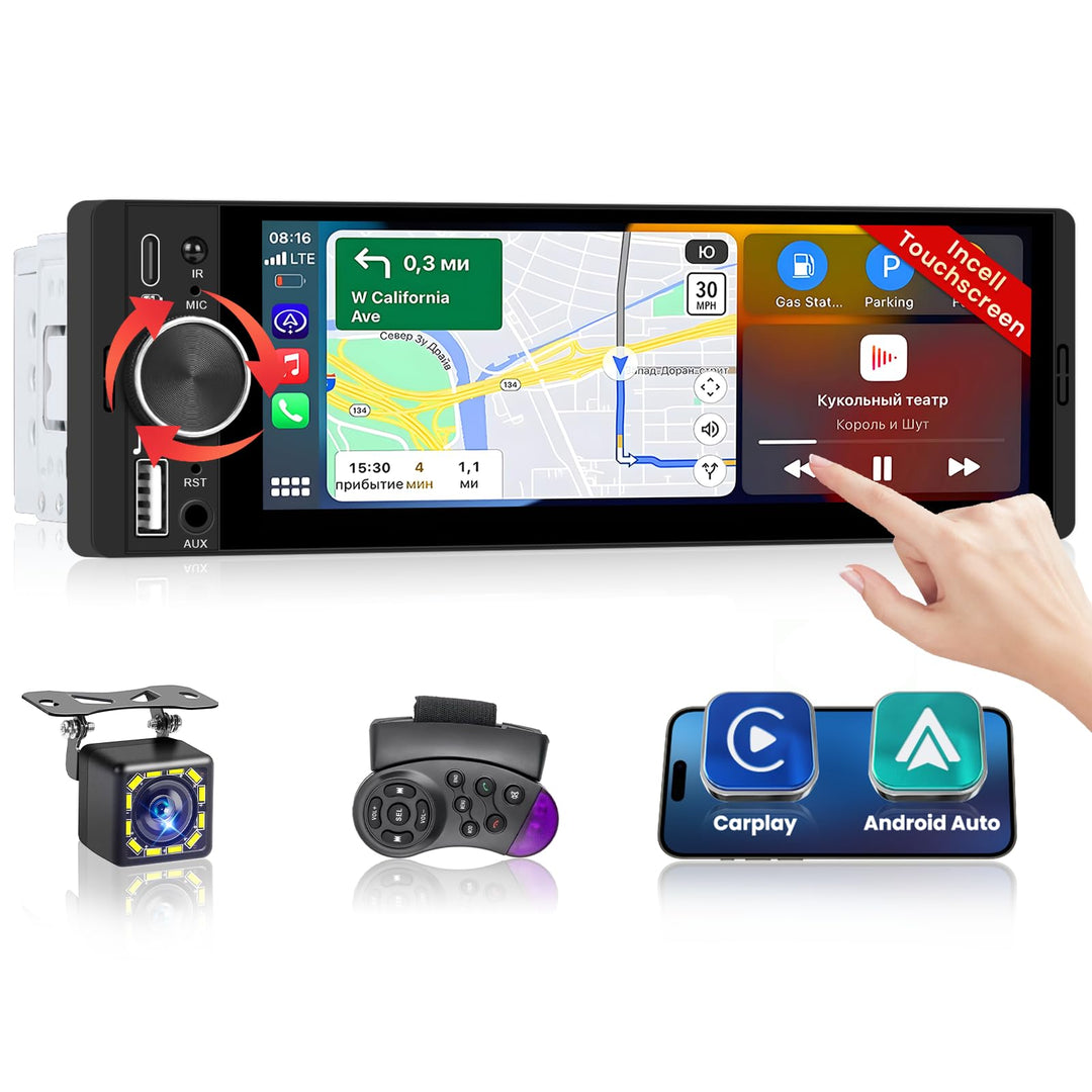 Hikity 1 DIN Autoradio mit Bluetooth CarPlay Android Auto, 6,28 Zoll Touchscreen-Player Stereo Auto