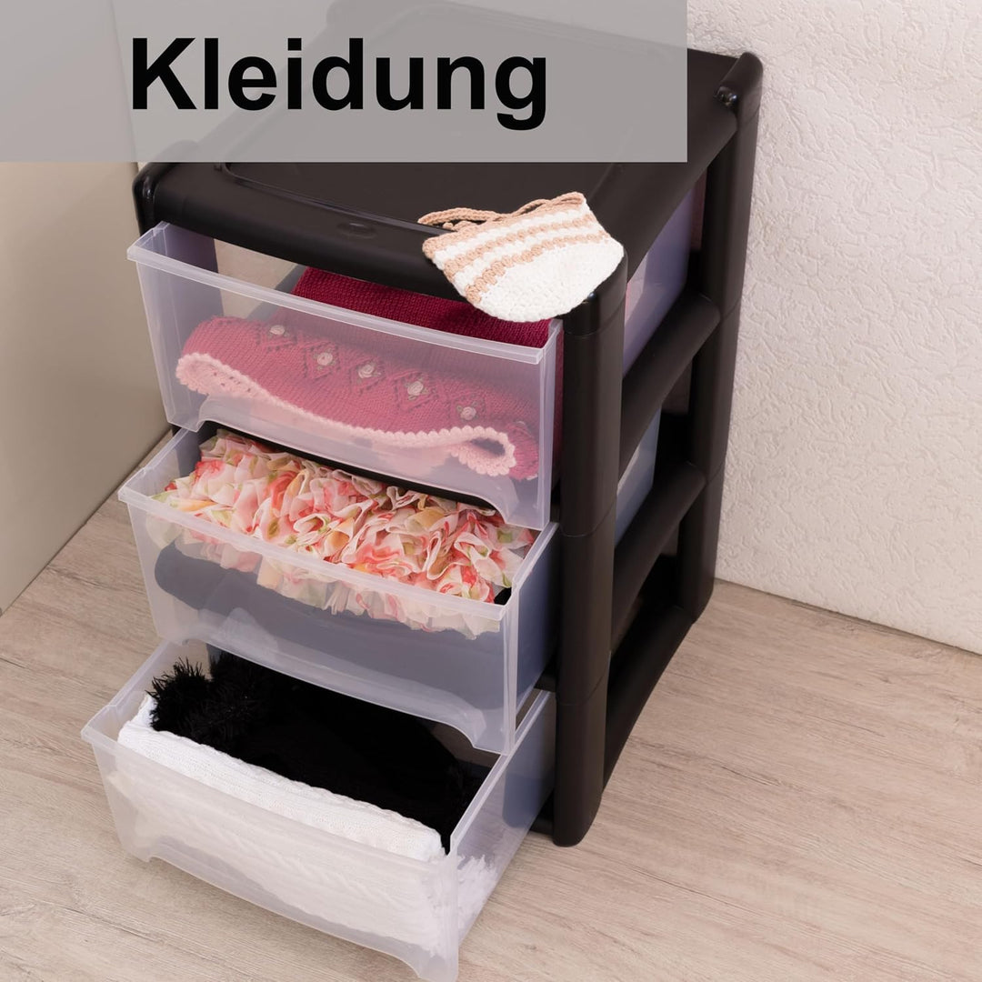 Schubladenbox 3 Schubladen 38x38x61cm schwarz-transparent Kunststoff Box Schwarz 3 Schubladen, Schwa