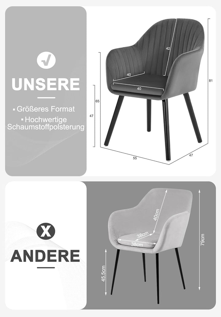 WOLTU Esszimmerstühle 2er Set, für Schlafzimmer Küche Wohnzimmer, Küchenstühle gepolstert mit Armleh