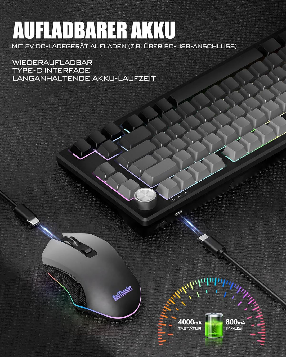 RedThunder K75 Gaming Tastatur und Maus Set Kabellos, 75% US Layout, Seitliche TKL Membrantastatur,