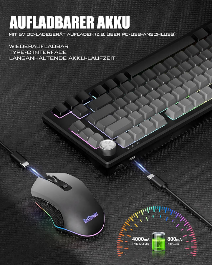 RedThunder K75 Gaming Tastatur und Maus Set Kabellos, 75% US Layout, Seitliche TKL Membrantastatur,