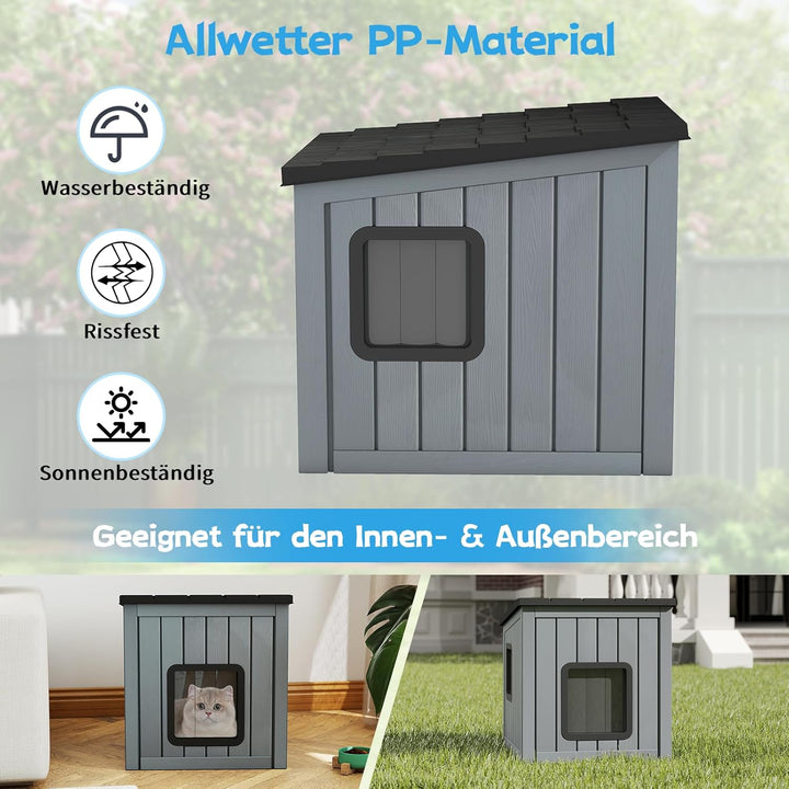 COSTWAY Katzenhaus Outdoor Winterfest, Isolierte Katzenhütte für Winter, Katzenhöhle mit 2 PVC-Türen
