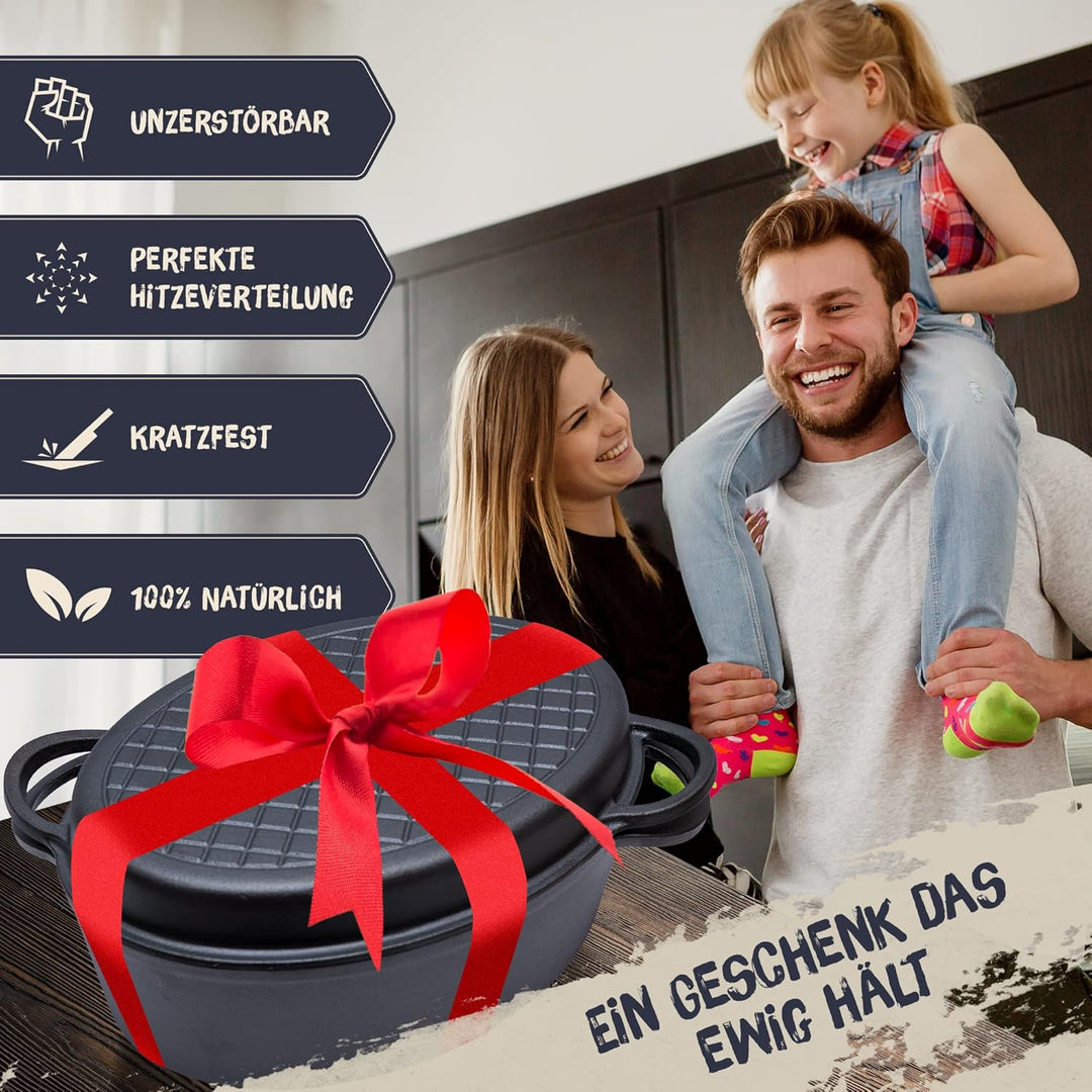 FLAVEMOTION Gusseisen Bräter mit Deckel als Grillpfanne (2in1) 35cm, 9,1L, 8,5kg - Topf, Schmortopf