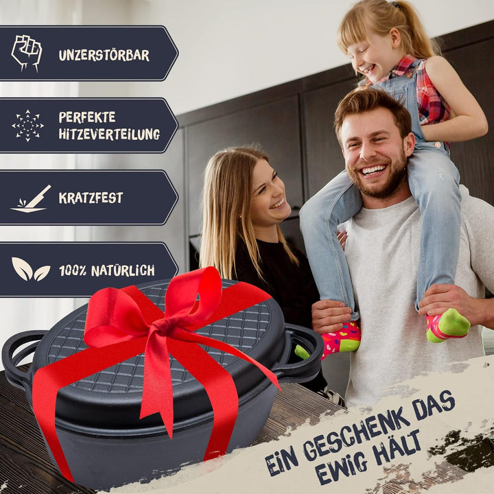 FLAVEMOTION Gusseisen Bräter mit Deckel als Grillpfanne (2in1) 35cm, 9,1L, 8,5kg - Topf, Schmortopf