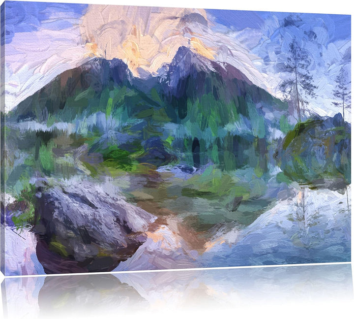 Pixxprint Sonnenaufgang am Hintersee Kunst Pinsel Effekt, Format: 100x70 auf Leinwand, XXL riesige B