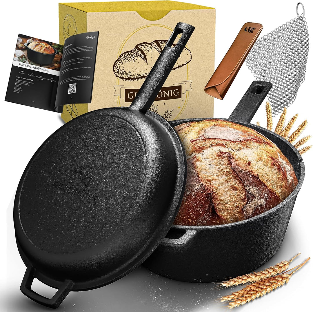 Gusseisen Topf Brot Backen – eingebrannte Brotbackform mit Deckel: 3L Topf & 1,5L Pfanne - Brottopf