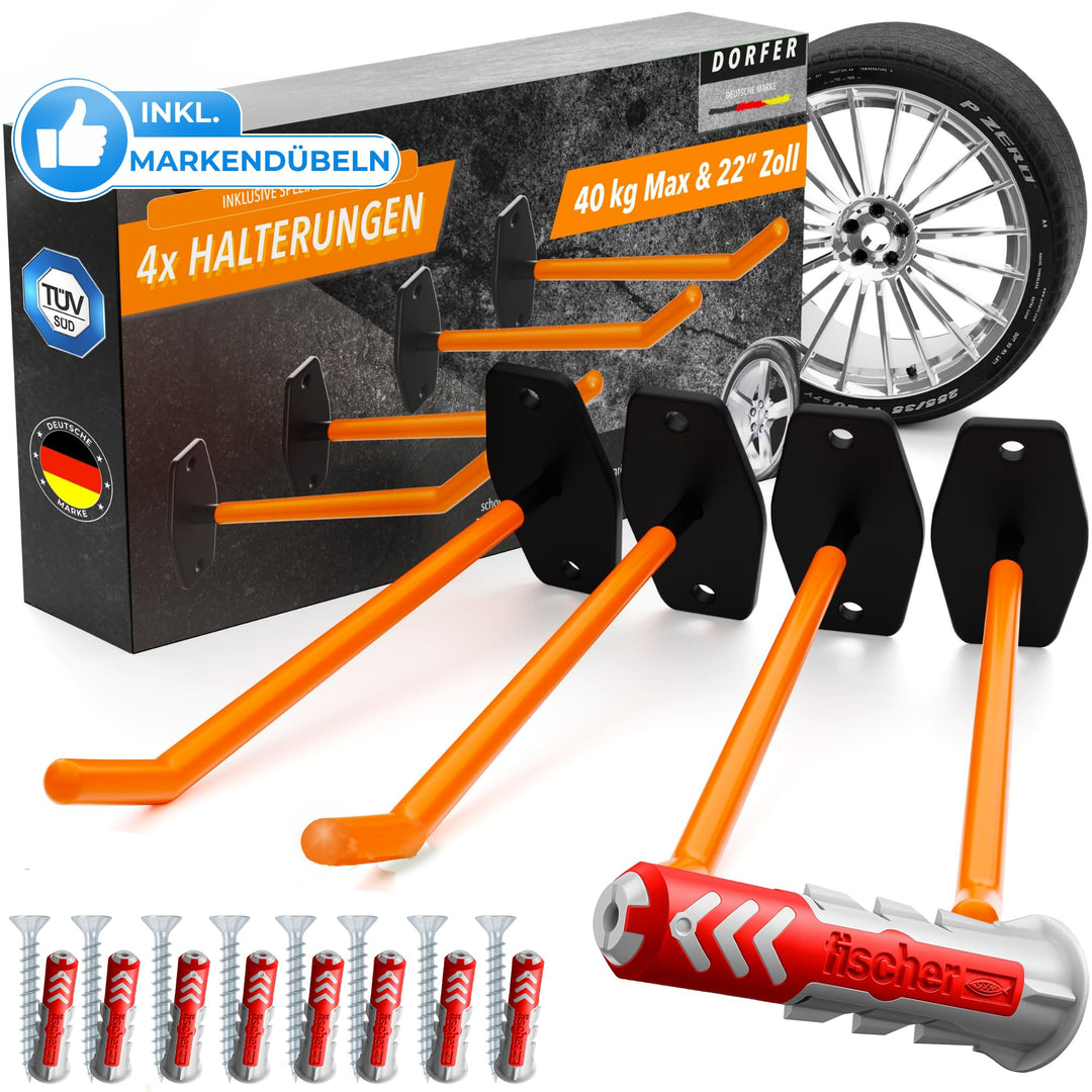 𝗗𝗢𝗥𝗙𝗘𝗥 Reifen Halterung Wand I 4er Set Wandhalterung Autoreifen und Felgen inkl. Deutschen Marken-Dü