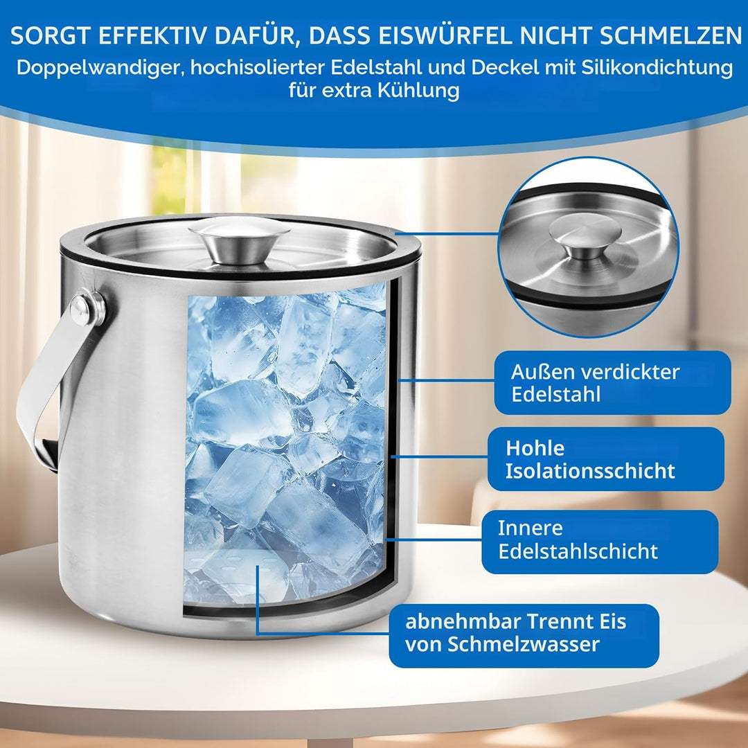 2L Eiswürfelbehälter, Eiskübel mit deckel,Eiswürfelbehälter Edelstahl mit Clips und Sieb, perfekt zu