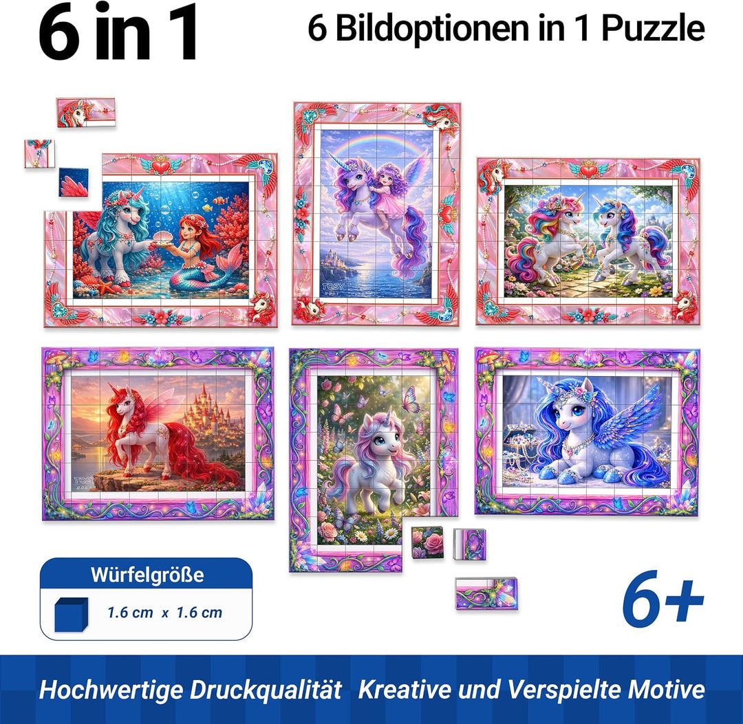 TOSY Picture Cube Fairy Unicorns: 6-in-1 magnetisches Bilderpuzzle, 48 Blöcke, 288 Flächen/Magnete,