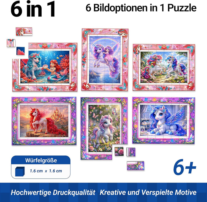 TOSY Picture Cube Fairy Unicorns: 6-in-1 magnetisches Bilderpuzzle, 48 Blöcke, 288 Flächen/Magnete,
