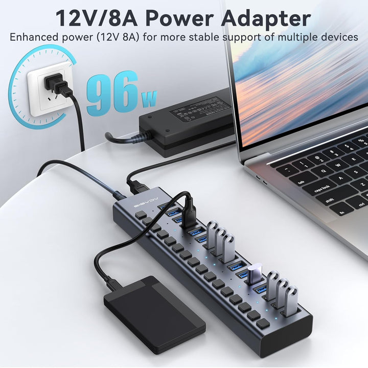 Powered USB 3.2 Hub, ACASIS 16 Ports USB 3.2 Hub mit 10Gbps Datenrate, Aluminiumgehäuse, USB Hub Pow
