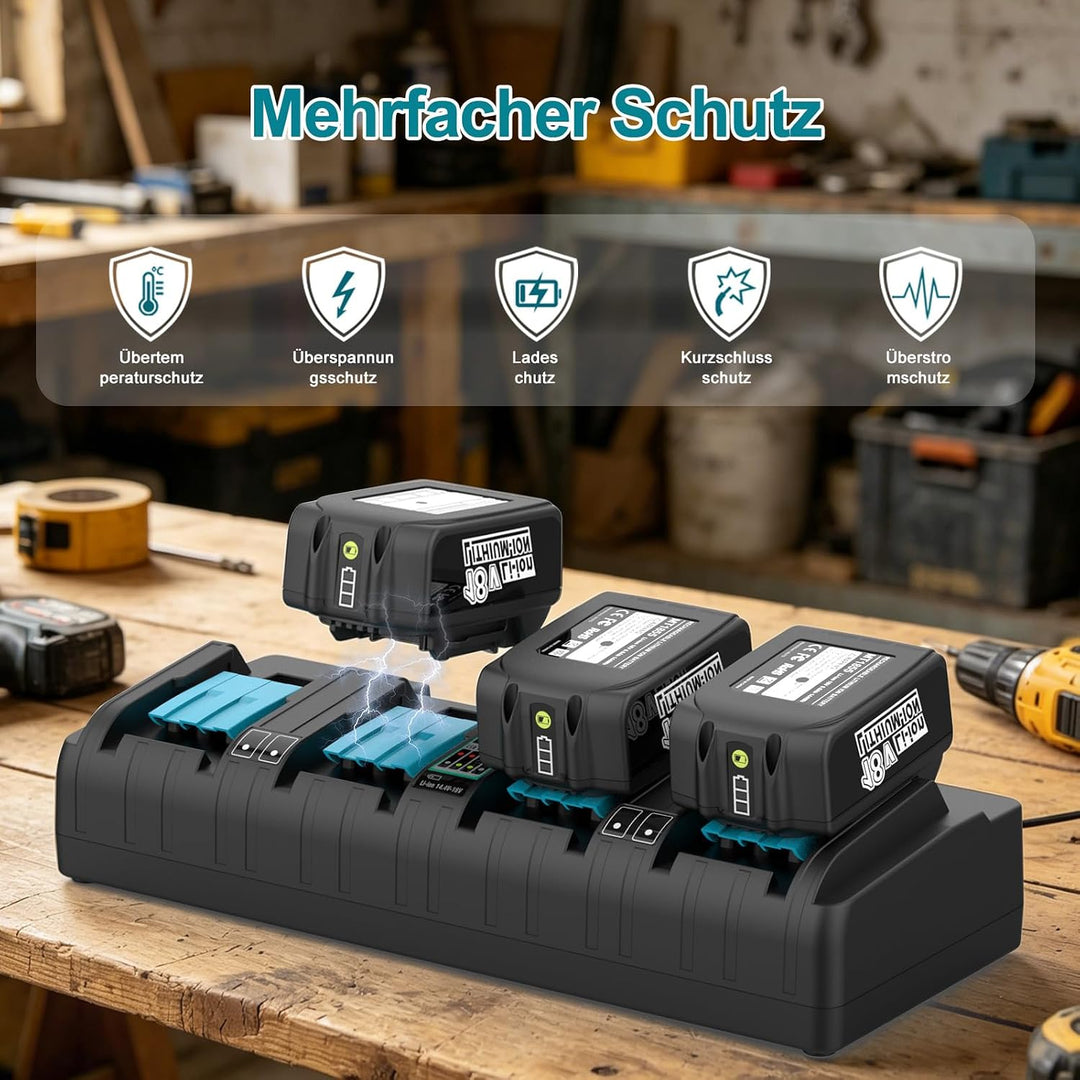 4-Fach Schnellladegerät DC18SF für Makita Ladegerät 18V | Kompatibel mit Makita Akku 18V/14.4V BL185