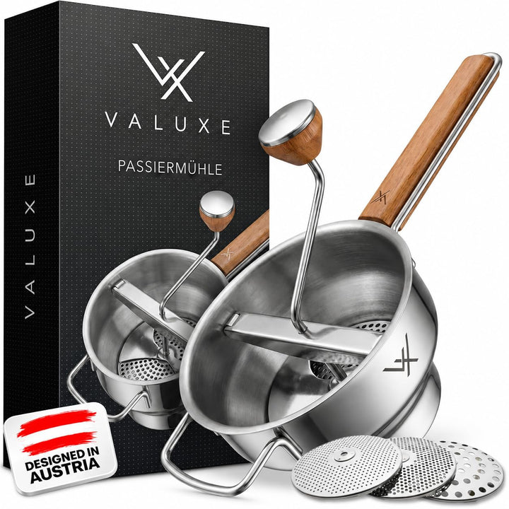 VALUXE® Premium Passiermühle Edelstahl mit 3 Passiersieb-Einlagen – mit 2,3 L Füllvolumen und rutsch
