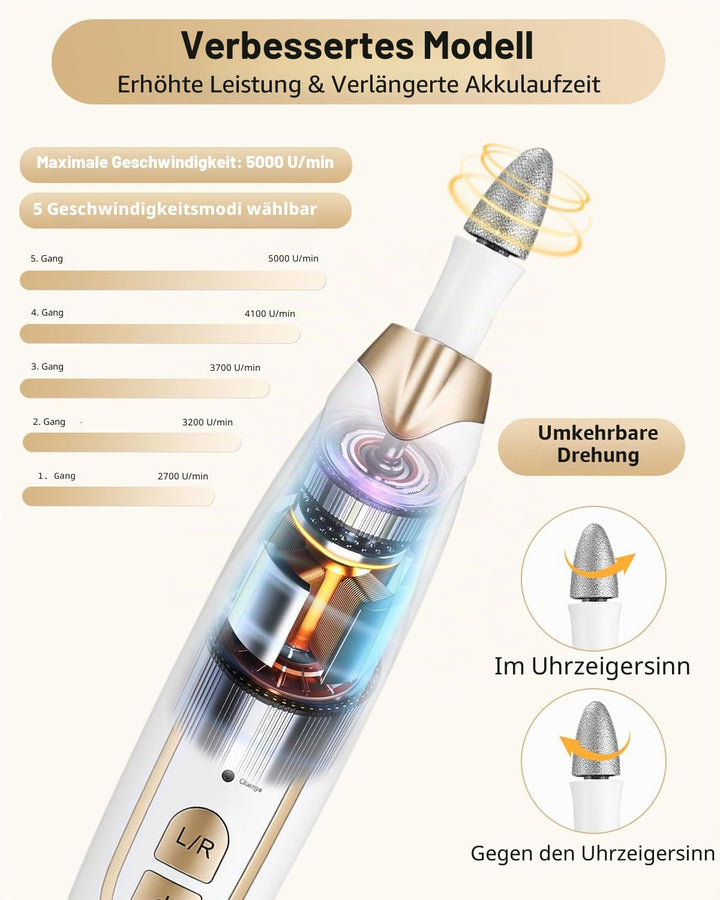 Zofory Maniküre/Pediküre Set, Nagelfräser, Elektrische Nagelfeile mit 6 Aufsätzen, 20 Sandringe, 5 G