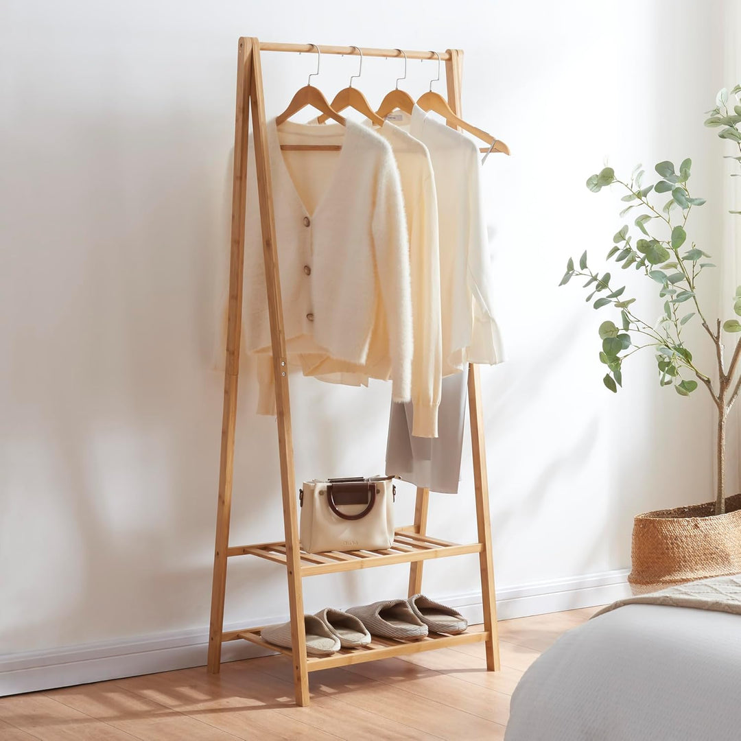 [en.casa] Bambus Garderobenständer Öckerö 150 x 60 x 40 cm mit Kleiderstange Kleiderständer mit 2 Ab