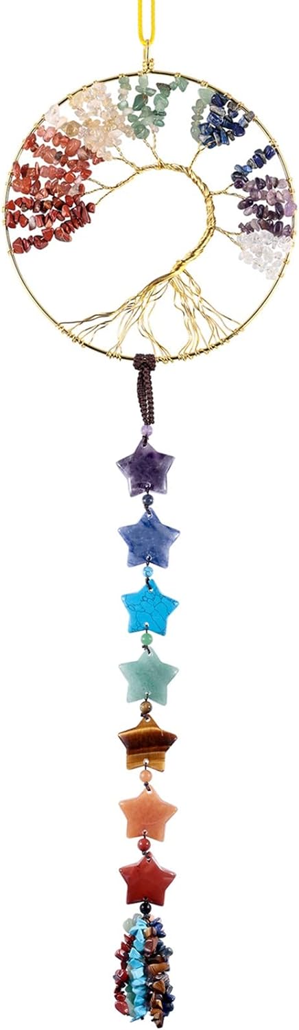 KYEYGWO 7 Chakren Stein Baum des Lebens Hängen Deko mit Stern Trommelsteine Quaste, Kristall Wand Hä