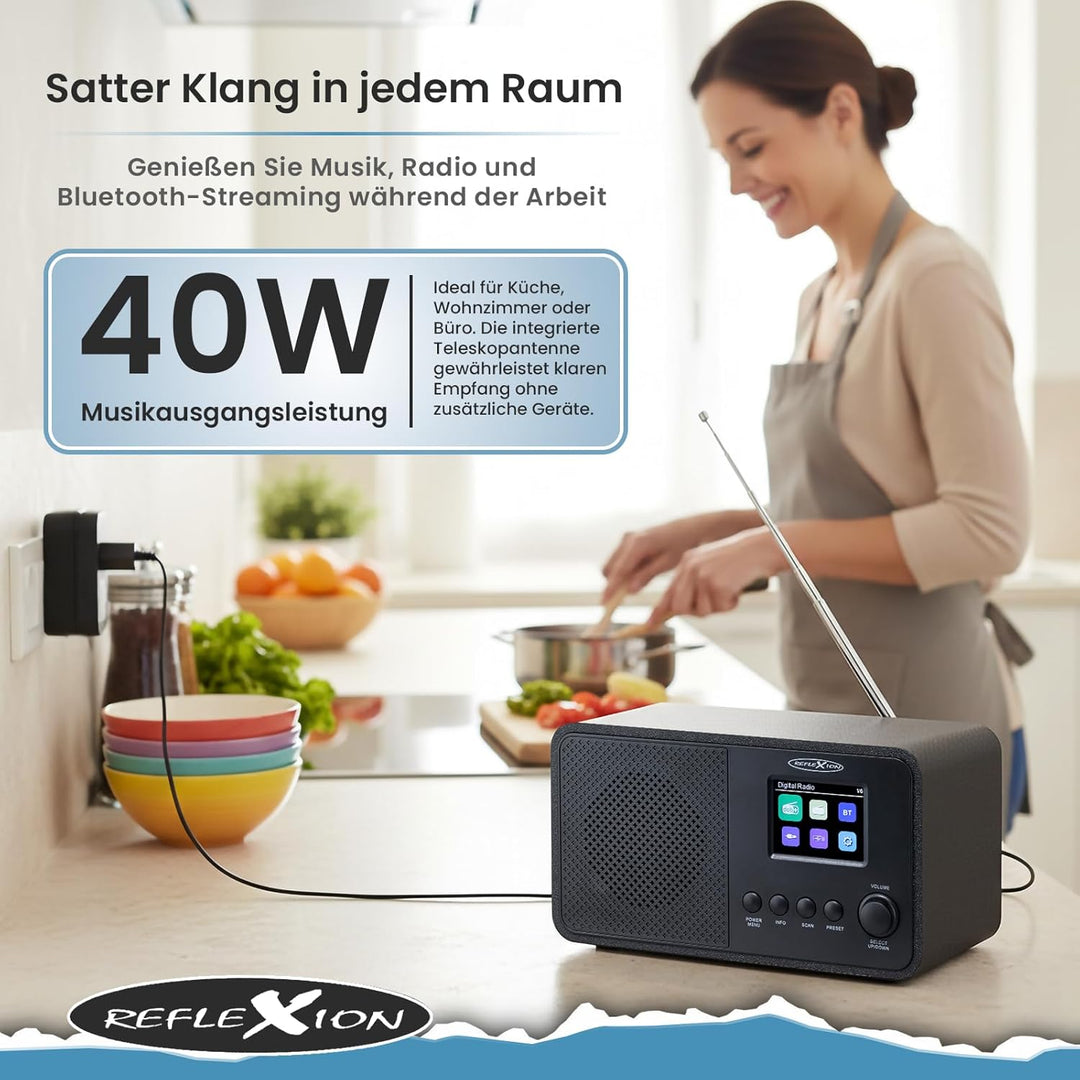 Reflexion DAB+ Radio mit Bluetooth, Wecker & Farbdisplay | Digitalradio mit USB, AUX-IN, Teleskopant