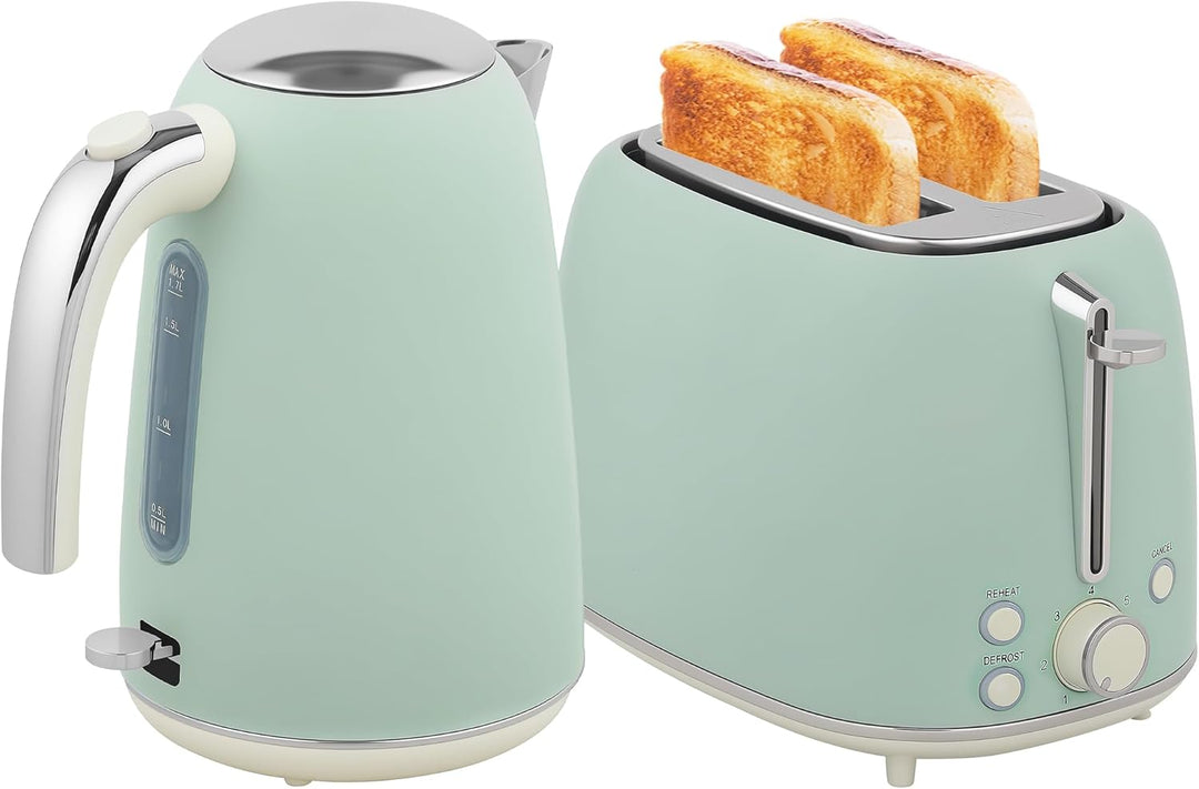 HOMCOM Edelstahl Wasserkocher und Toaster Set 2200 W und 1,7 L, 2-Scheiben-Toaster, 7 Bräunungsstufe