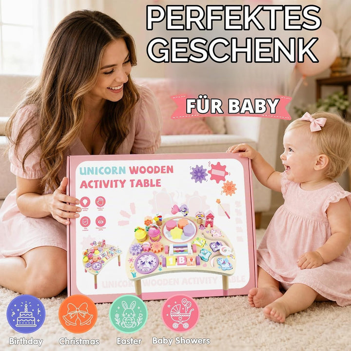 Holz-Aktivitätstisch für Kinder 1-3, Einhorn 10-in-1 Montessori Motorikbrett mit Motorikschleife For