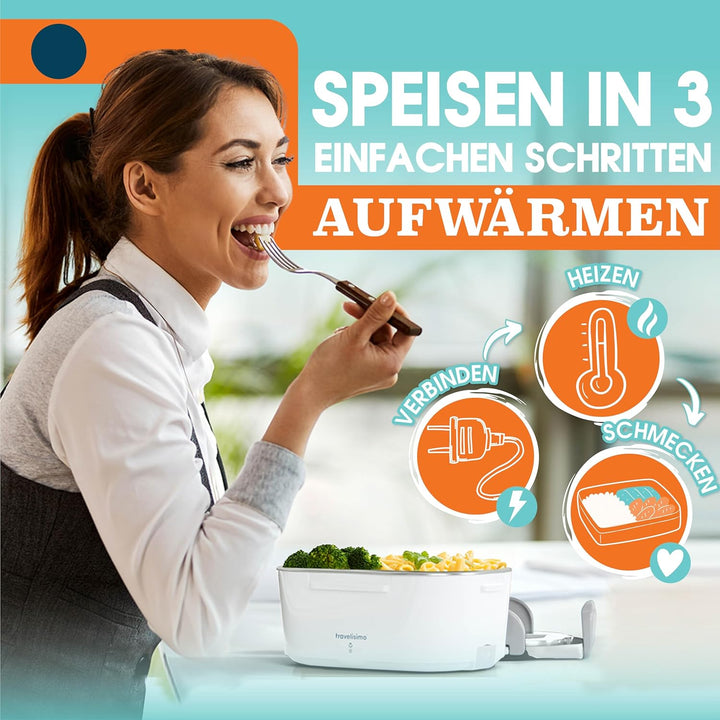 TRAVELISIMO Elektrische Lunchbox 80W Food Warmer, 1,5L Edelstahl Wärmebox Für Essen 3-in-1 Thermo Es