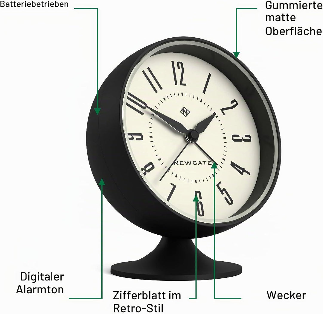 NEWGATE® Spheric Wecker | Ikonisches Kuppel-Retrodesign | Schwarze, weiche, gummierte Oberfläche | I