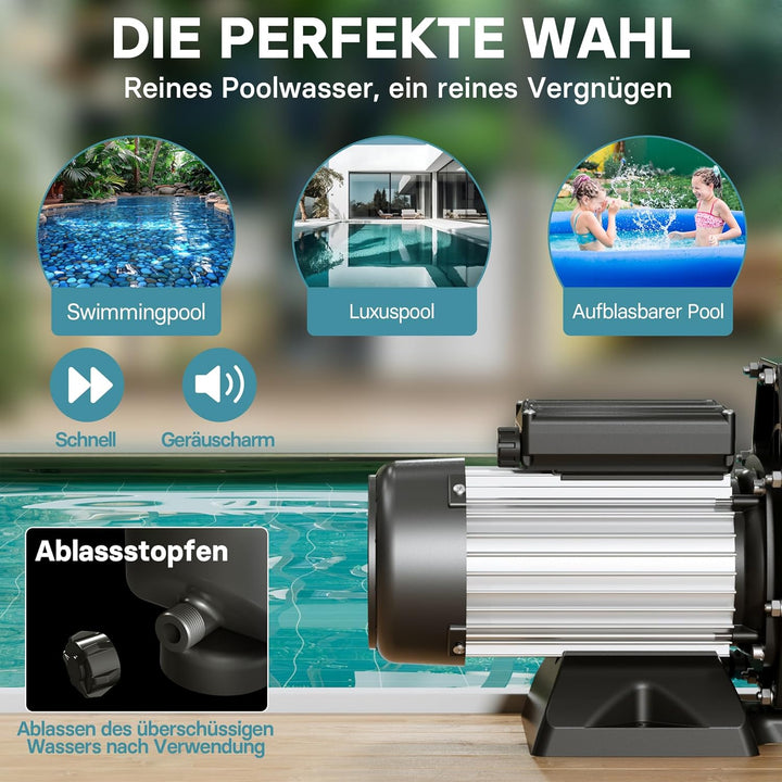 WilTec Poolpumpe 33600 l/h 1500 W Schwimmbadpumpe Filterpumpe