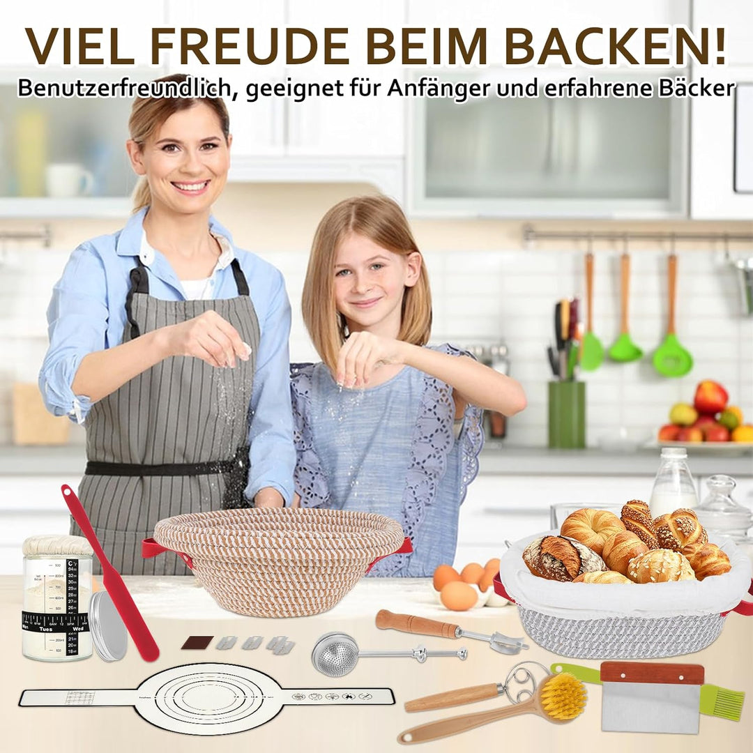Gärkorb Brot Set Sauerteig Starter Set mit 2 faltbare Gärkörbchen Teigschaber Brot Sling und Teigrüh