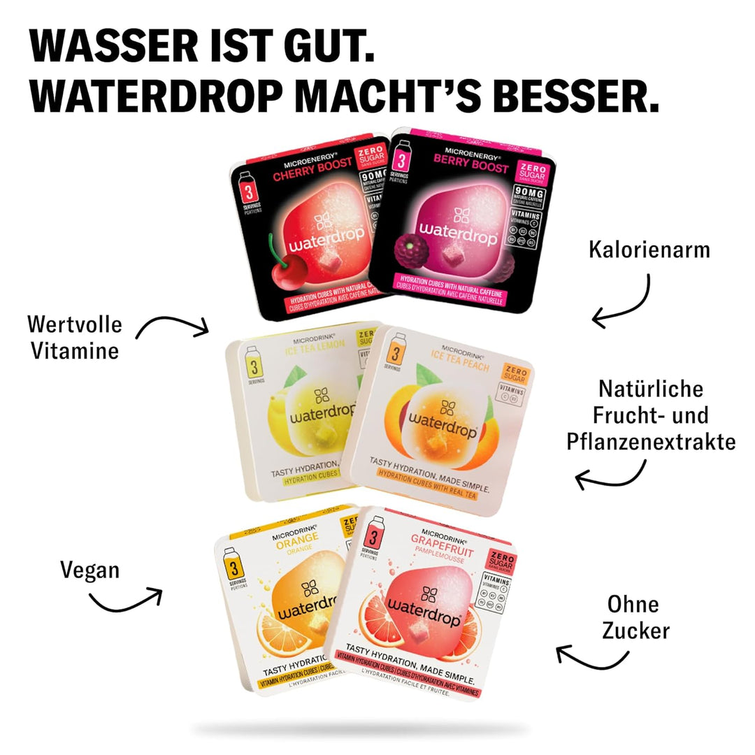 waterdrop® Starter Set - 600ml Trinkflasche mit Geschmack inkl. 18 zuckerfreie Drops - Geschenk für