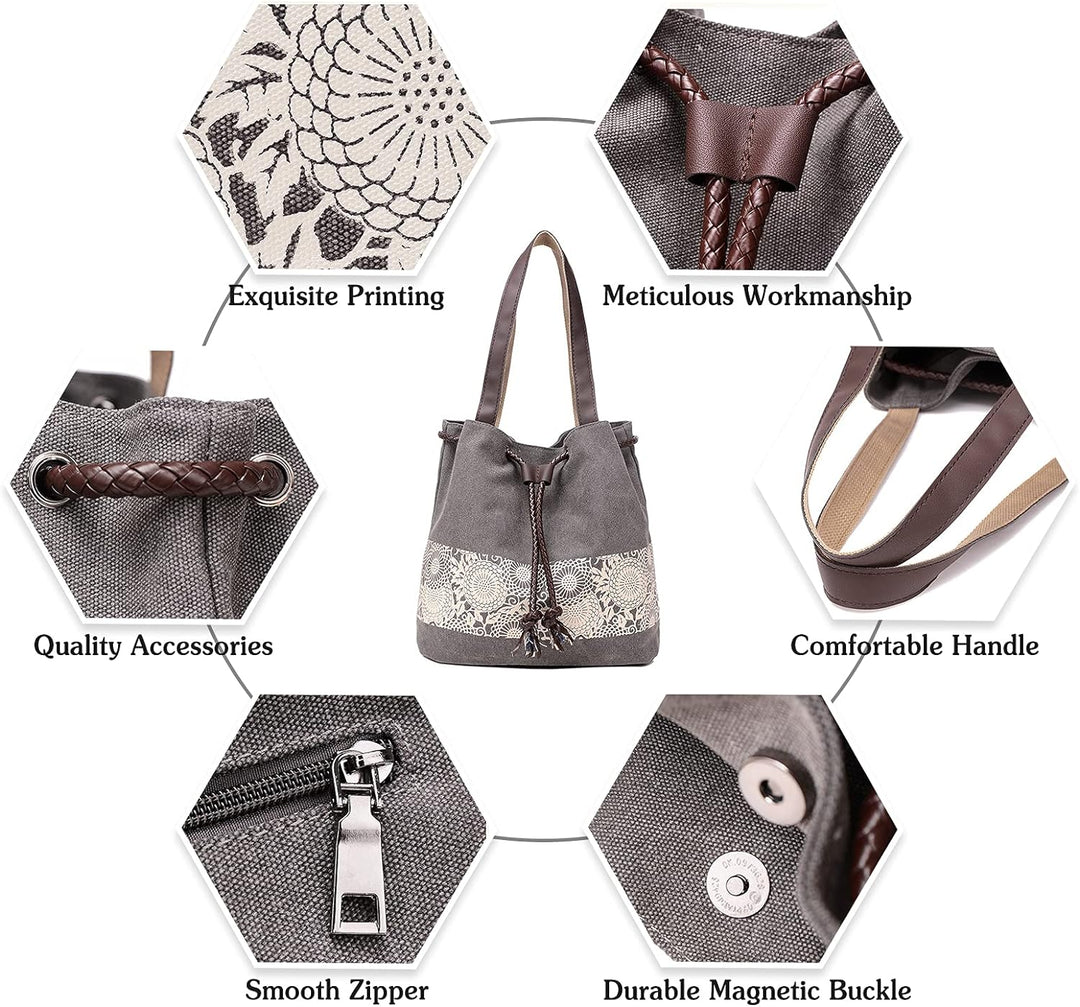 PORRASSO Damen Schultertasche Canvas Tote Umhängentasche Retro Kordelzug Beuteltasche Frauen Shopper