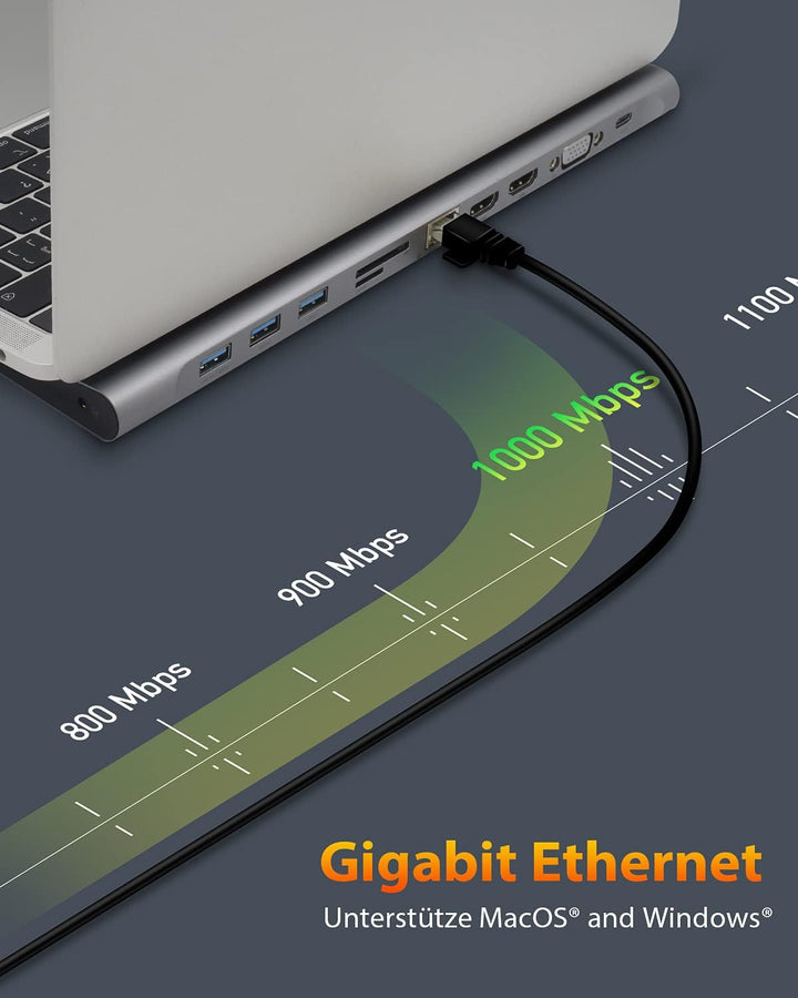 ICY BOX USB-C Docking Station (11-in-1) für 2 Monitore (2x HDMI & 1x VGA), 4K 30Hz, 3-fach USB 3.0 H