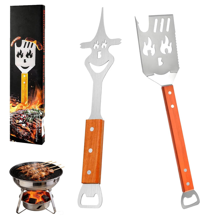 2 Stück Grillbesteck, Multifunktions Grillwerkzeug, Outdoor Grillutensilien, 8 in 1 Multifunktionale