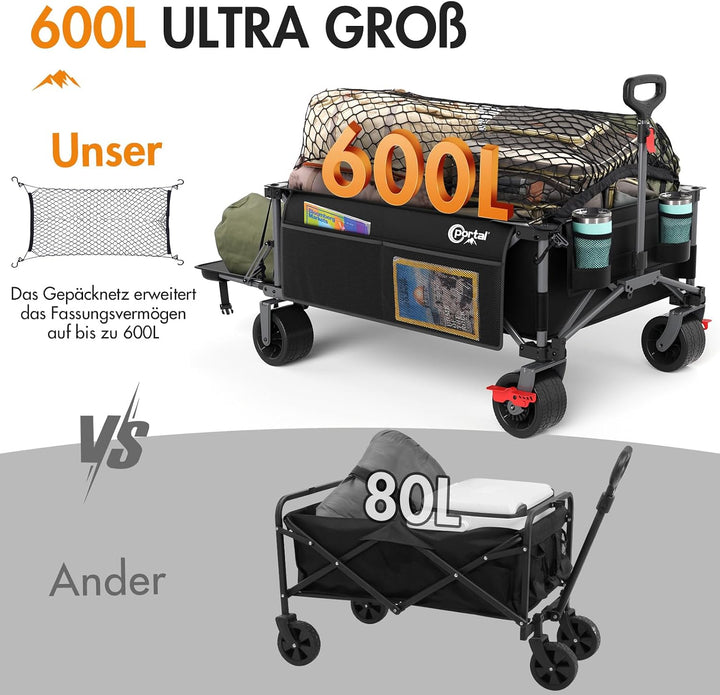 Portal Bollerwagen faltbar XXXL 600L Grosse Ladefläche 180kg Belastbar Ultrabreit Handwagen mit Seit