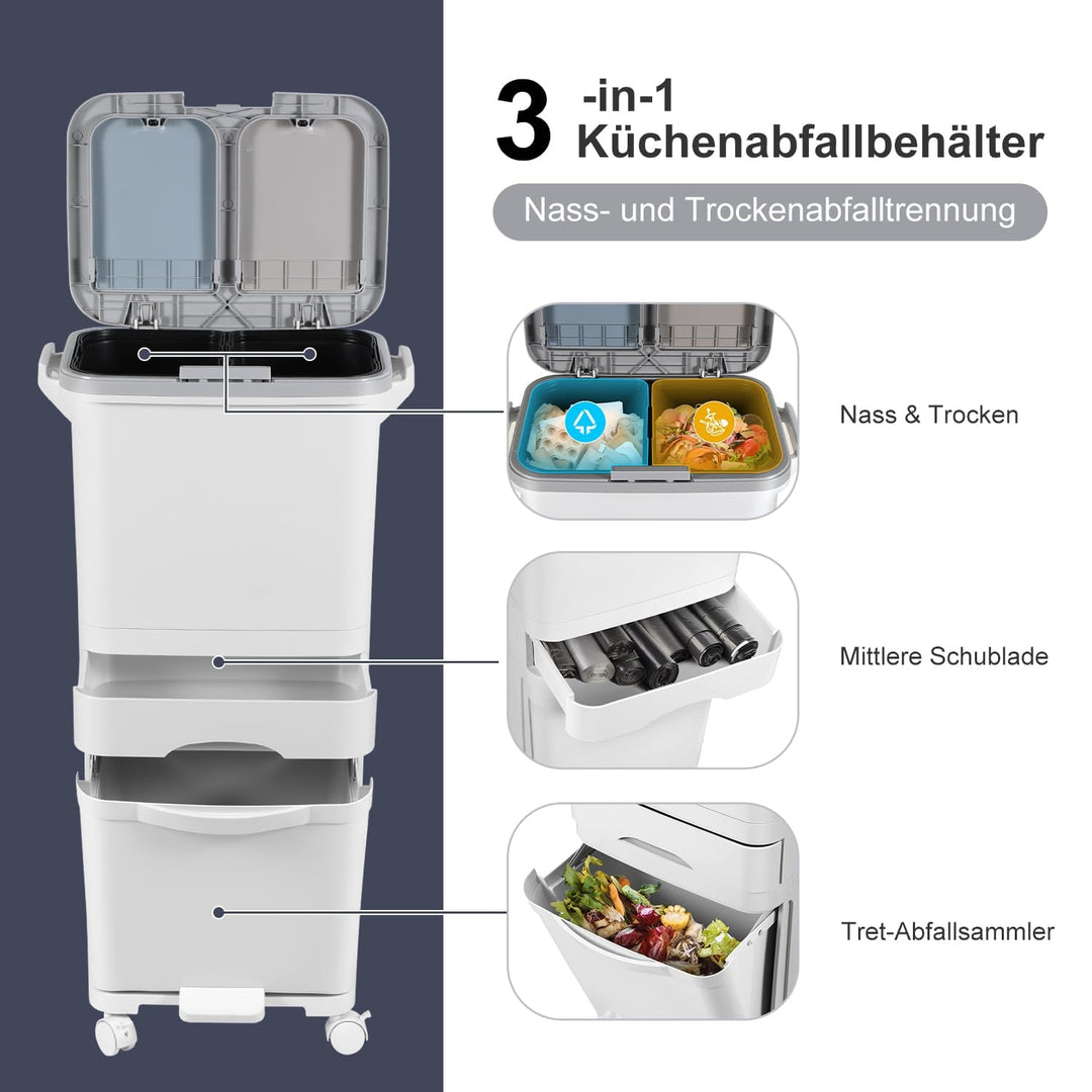 Mülleimer Küche 3 Fächer, 42L Trocken und Nasstrennung Abfalleimer Küche mit Deckel, Tretmülleimer m