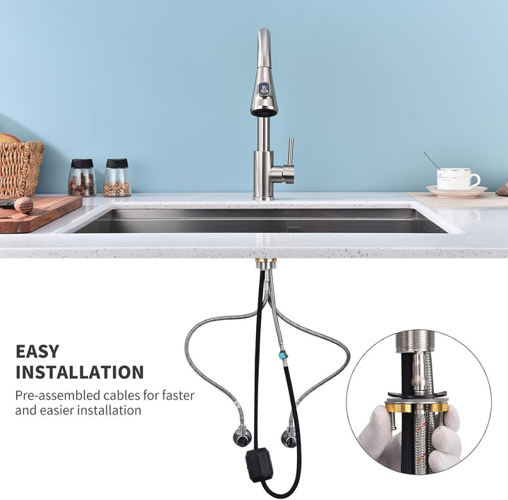 HOMELODY Wasserhahn Küche mit LED-Temperaturanzeige, Ausziehbare Hochdruck Küchenarmatur 360° drehba