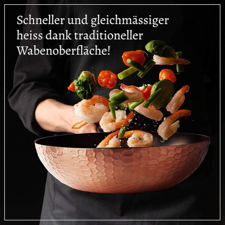 GGC Wok Pfanne 32cm mit Deckel und abnehmbarem Stiel-Griff in Holzoptik I Induktion I Ø32 Wok mit An