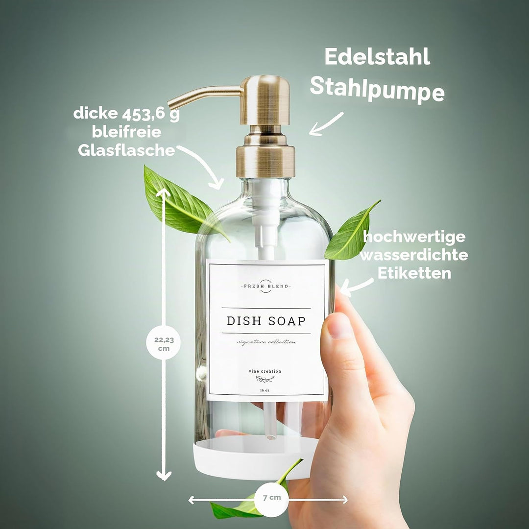 Vine Creations Seifenspender aus klarem Glas, 2 Stück, dicke 473 ml Flaschen, rostfreie Edelstahlpum