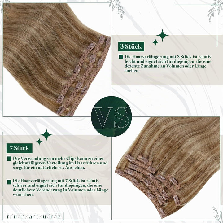 RUNATURE Clip in Extensions Echthaar 25cm Seamless Dunkelblond Mit Goldblond 50g 3 Stück Haarverläng
