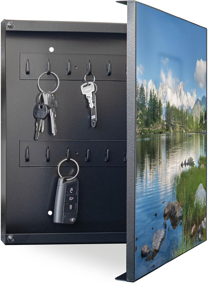 banjado® Grosser Schlüsselkasten Glas/Schlüsselbox 30cm x 30cm mit 50 Haken - Motiv Gebirgssee/Schlü