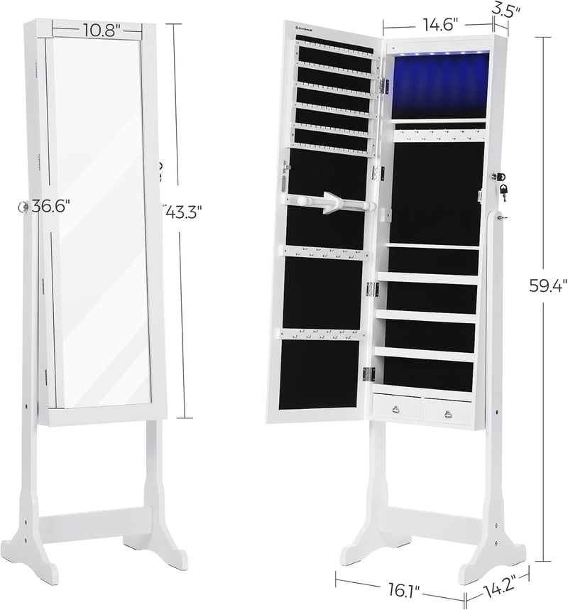 SONGMICS LED Beleuchtung Schmuckschrank, mit Spiegel, 4 Ablagen und 2 kleinen Schubladen, abschliess