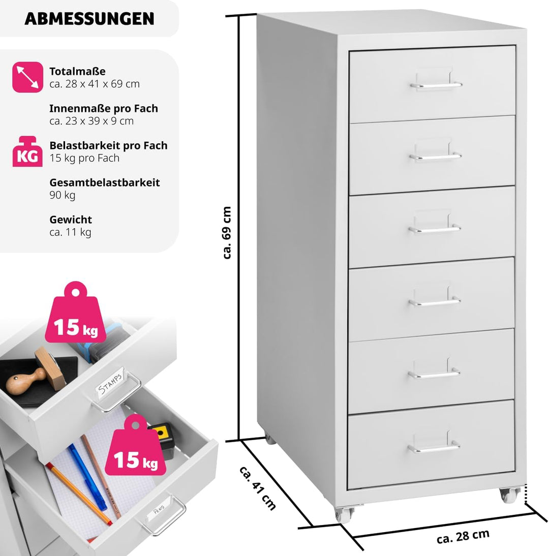 tectake® Metall Rollcontainer, Büromöbel für Schreibtisch, Büro Organizer mit 6 Schubladen, Schublad
